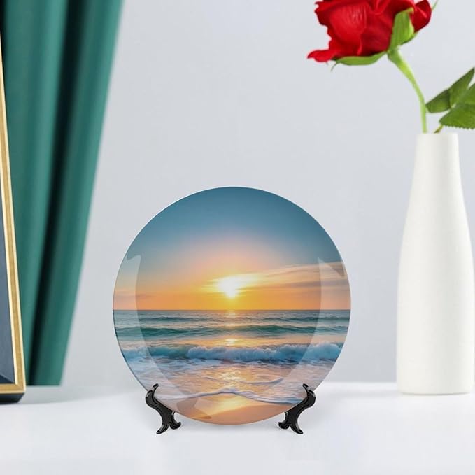 Sunrise Theme Decorative Ceramic Plate Round Porcelain Plate,6 inch,Beach Pattern,for Decorative Ornaments Giving Plates,1 Plate with 1 Display Stand,Gold Blue