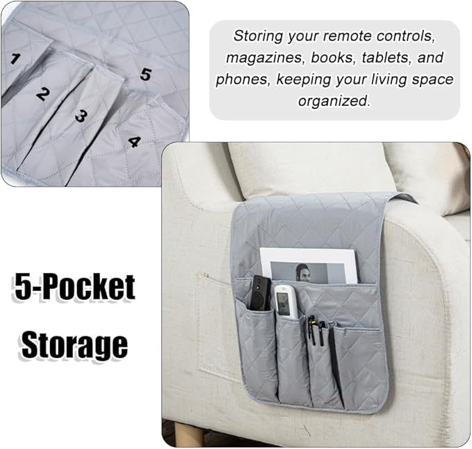 RETON Sofa Armrest Organizer with 5 Pockets, Non Slip Remote Control Caddy with 8 Pieces of Hook and Loop Fasteners, Armchair Caddy Holder Storage for Magazine Recliner Book TV Phone (Gray)