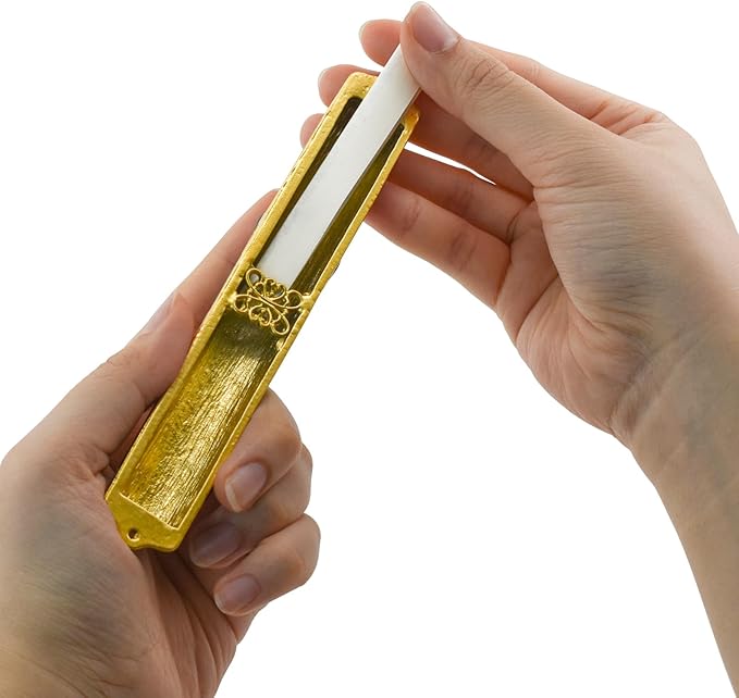 Mezuzah with Scroll for Door, Enamel&Zinc Alloy Blessing Mezuzah Case for Door, Colored Painted Mezuzha Scroll Kosher for Jewish Gifts/Jewish Decor, Christmas (Gold, 5.78 * 0.86 in)