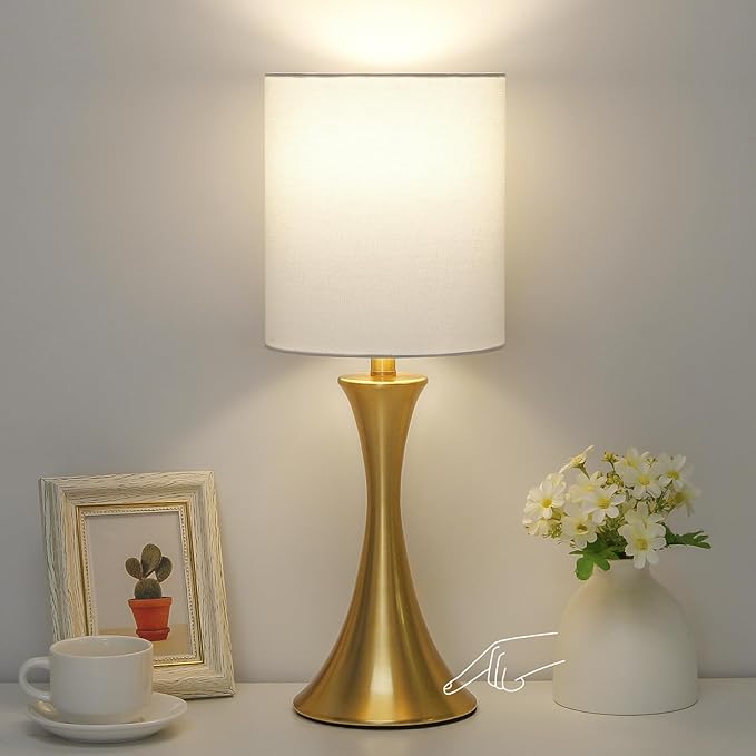 Gold Bedside Lamp Touch Control Table Lamp for Bedroom, 3-Way Dimmable Nightstand Lamp with White Shade, Modern Table Lamp for Living Room, Minimalist Desk Lamp for Dorm, Home, Office, Bulb Included
