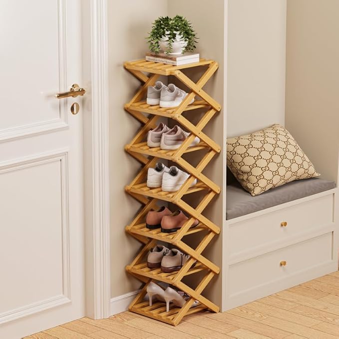 Bamboo Shoe Rack Organizer, 2-10 Tiers, Natural or Tea Color, No-Tool Assembly, Foldable Storage Shelf (Installation Free 10 Layers 30-Primary Colors)