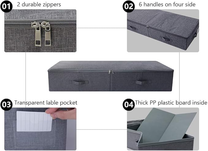 Pack of 2, 100cm Extra-Long Underbed Storage Boxes with Zip Lid – for Blankets, Clothes, Shoes | Washable, Foldable & Sturdy Honeycomb PP Board | Fits Queen/King Bed, Dorm, Closet (Black Gray)