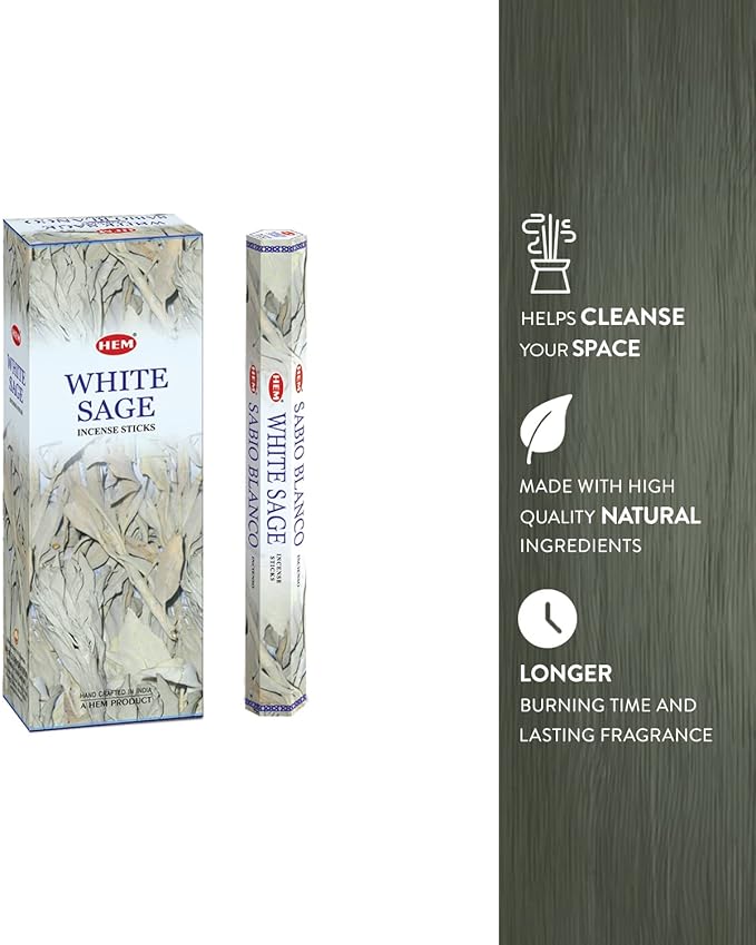HEM White Sage Incense Sticks – 6 Hexa Tubes × 20g (Approx. 120 Sticks) – Cleansing & Purifying Herbal Aroma for Smudging, Meditation, Relaxation & Home Fragrance