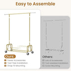 Heavy-duty Clothing Rack with Wheels, Rolling Clothes Rack, Clothes Racks for Hanging Clothes, Metal Standing Garment Racks, Gold