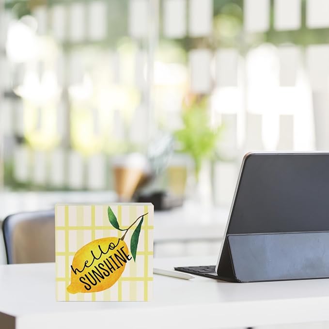 IYEZH Lemon Decor Farmhouse Lemon Wooden Box Sign Rustic Country Hello Sunshine Lemon Box Sign Wood Sign Decor Summer Square Wood Sign Home Kitchen Desk Tabletop Shelf Decor 5 x 5