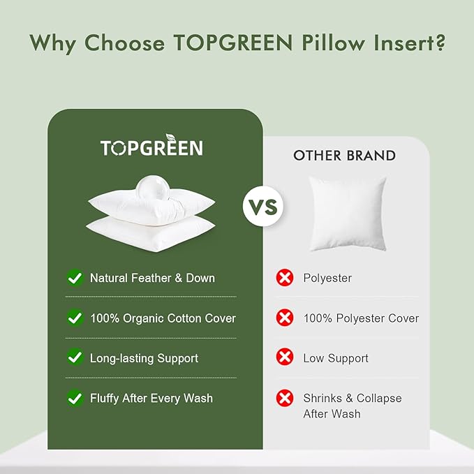 Feathers Down Pillow Inserts 14x14, Set of 2, 100% Organic Cotton Shell, Soft Decorative Square Throw Pillows for Living Room Sofa, Couch, or Bed (White)
