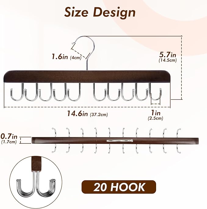 HOUSE DAY Belt Hanger for Closet 1 Pack, 20 Hooks Bra/Tie/Tank Top Hanger, Space Saving Hangers Storage Max 20 Belts/Ties, Sturdy Wooden Belt Rack Closet Accessories