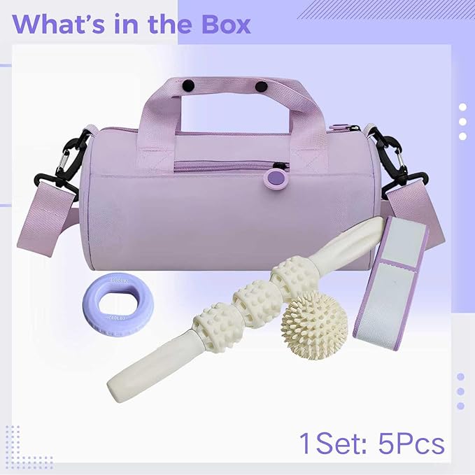 Gym Bag Kit For Women, 5 Pcs Stylish Sport Set, Portable Travel Workout Accessories With Yoga Band, Spiky Ball, Hand Grip & Roller Massage Stick