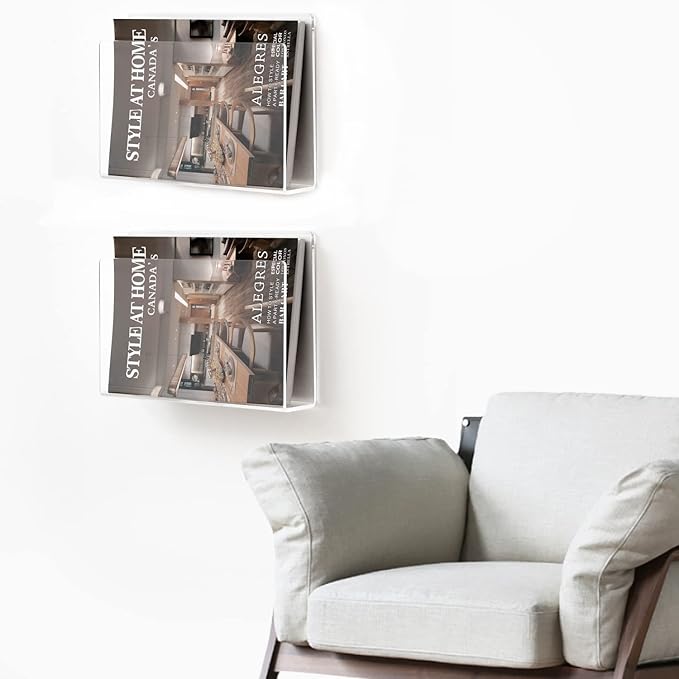 2 Pcs Magazine Holder, Wall Mount Clear Acrylic Magazine Rack, Organizer Folder, Bookshelf, File Storage Rack for Waiting Room, Living Room, Office, Home Display
