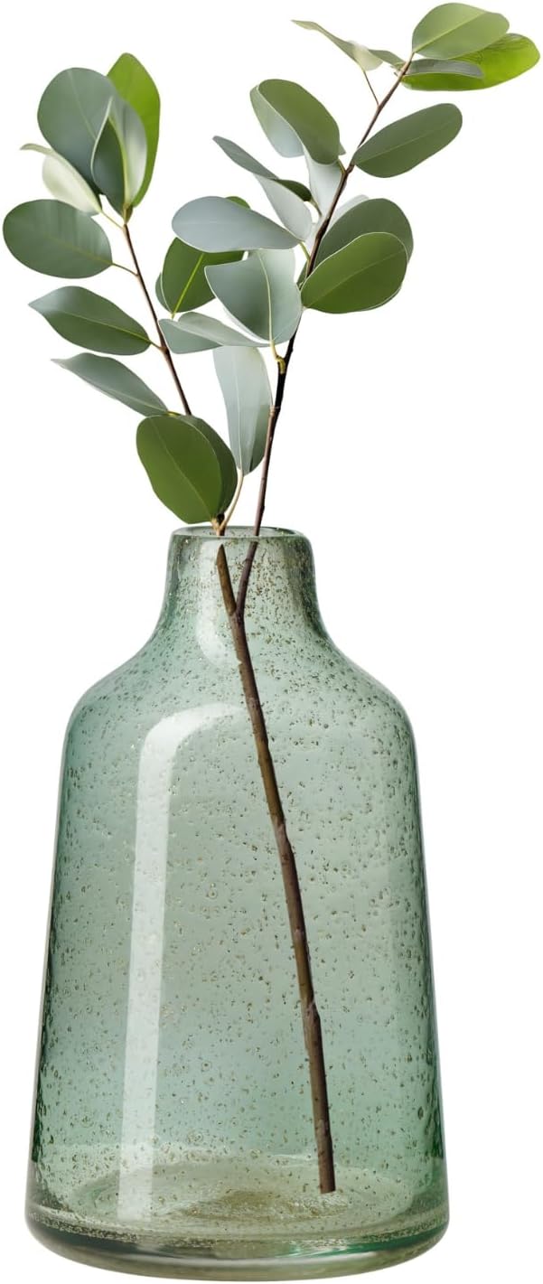 Torre & Tagus 10 Inch Tall Green Glass Vase with Gold Flakes, Mouth Blown Glass Vases Green Flower Vase Centerpieces, Watertight for Hydroponic Plants, Coastal Seagreen Gold Decor Accents (Marina)
