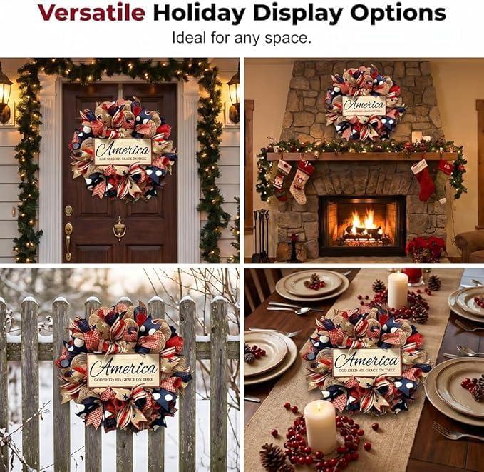 250th Anniversary Patriotic Wreath, 1776-2026 American Independence Day Wreath,16 in Red White Blue Front Door Wreath, Indoor Outdoor Home Decor for 4th of July, Memorial Day, Veterans Day (D)