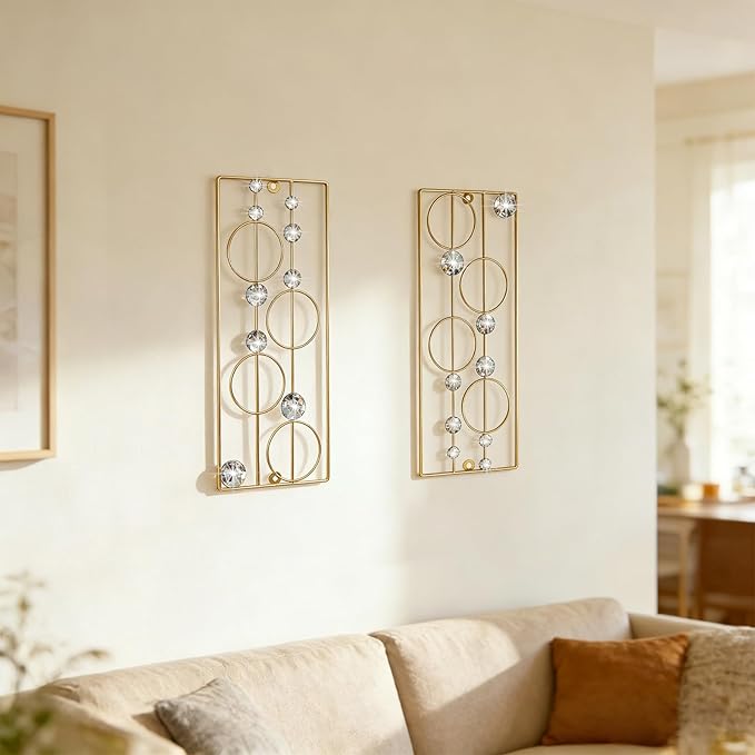 ZEXUIRU 2 Pcs Abstract Metal Art for Wall Decor Living Room Bedroom Bathroom Office Metal Bling Modern Geometric Hanging Vertical Small Iron Sculpture Plaque Pack -Gold 15.7in