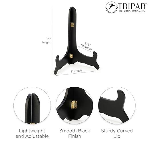 Tripar Wooden Display Stand, Black Finish (10-Inch Depth) - Decorative Tabletop Easel Display - Handcrafted Design with Gold Latches - Perfect for Holding Plates, Cookbooks, Artwork, Pictures, & More