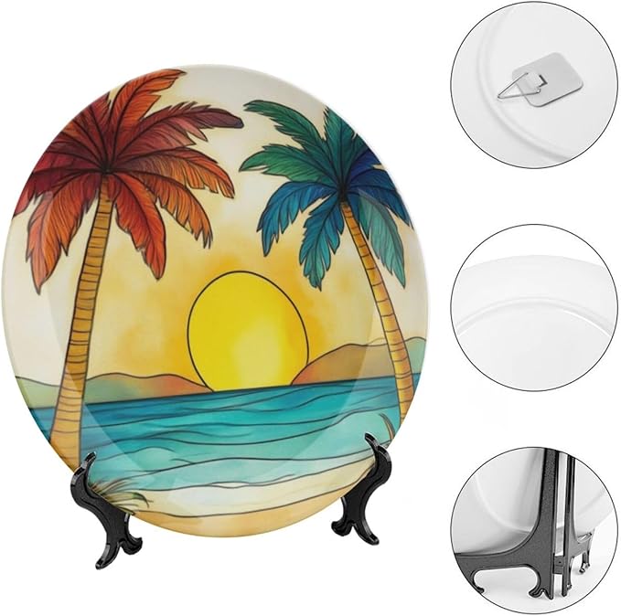 Palm Tree Theme Decorative Ceramic Plate Round Porcelain Plate,10 inch,Sunset Cartoon Pattern,for Decorative Ornaments Giving Plates,1 Plate with 1 Display Stand,Orange Blue