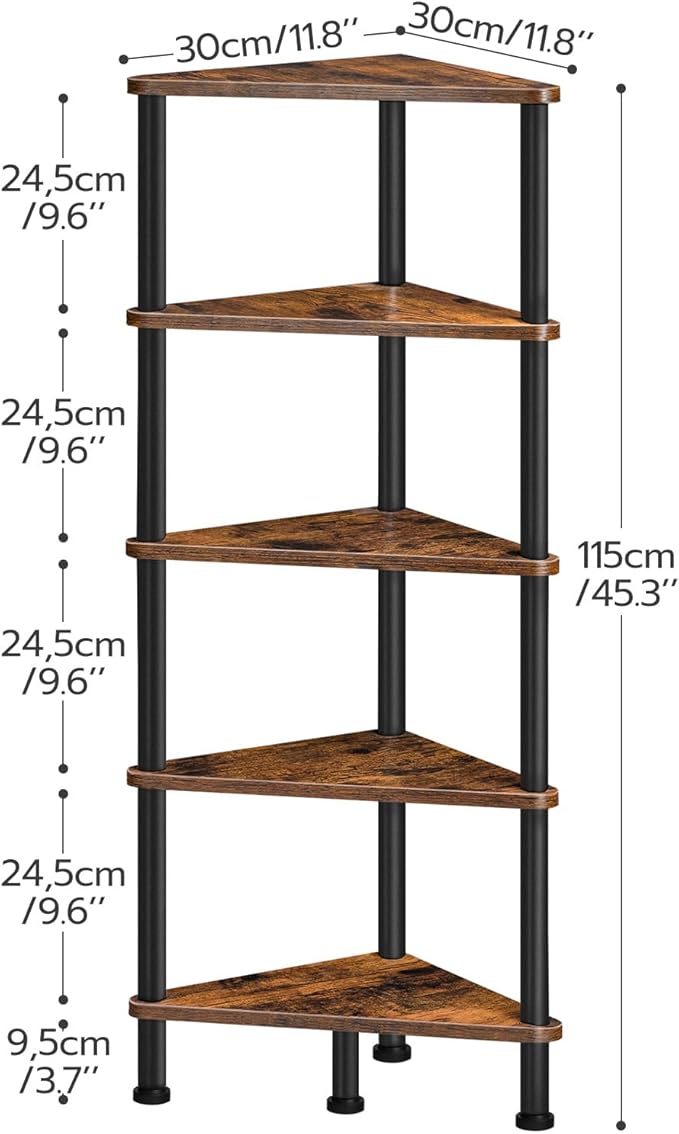 HOOBRO Corner Shelf Stand, Industrial 5-Tier Corner Bookshelf with Metal Frame, Plant Display Shelf, Small Bookcase for Small Spaces, Bedroom, Living Room, Rustic Brown BF33CJ01