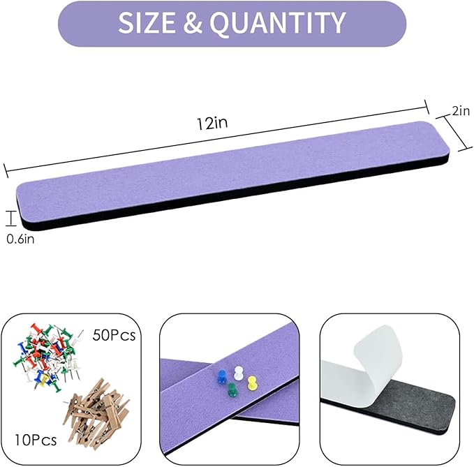 Vuzvuv 8 pcs Bulletin Board Bar Strips with 50 Pushpins & 10 Wooden Clip pins，Self Adhesive Cork Board for Wall，Felt Pin Board for School，Office Decor(Medium Purple)