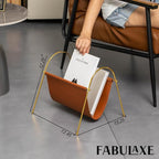 Fabulaxe 12-in Gold-Tone Metal Frame with Brown Leatherette Sling Magazine Holder for Living Rooms, Home Offices, and Waiting Areas - for Office Desk Accessories, Organizing Magazines and Newspapers