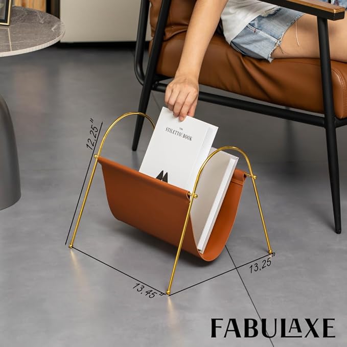 Fabulaxe 12-in Gold-Tone Metal Frame with Brown Leatherette Sling Magazine Holder for Living Rooms, Home Offices, and Waiting Areas - for Office Desk Accessories, Organizing Magazines and Newspapers