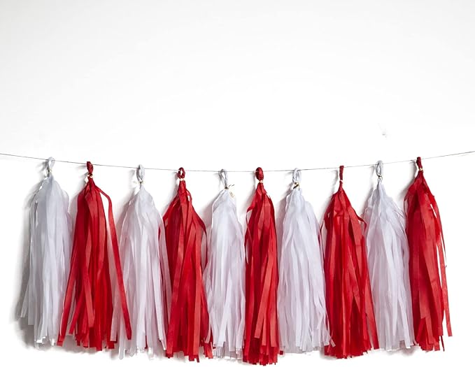 Red and White Tassel Garland Paper Tissue Tassels Garland for Party Decorations, Pack of 20