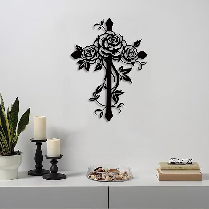 Kercan Metal Rose Cross Wall Decor - Modern Room Decor Black Cross Wall Art Home Decor for Living Room, Bedroom, Dining Room, Porch