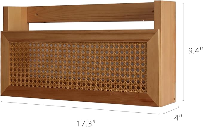 Wall Magazine Rack with PE Rattan Grid,Size 17.3" x 4" x 9.4",File Holder For Entryway,Living Room,Waiting Room,Kids’ room,Office(Retro Brown)