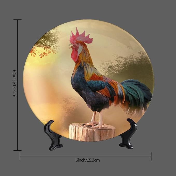 Rooster Decorative Plates, 6 Inch, Crowing Cock Round Display Plate, Table Top Plate Decor with Stand, for Home Kitchen Bedroom Decorative Ornaments