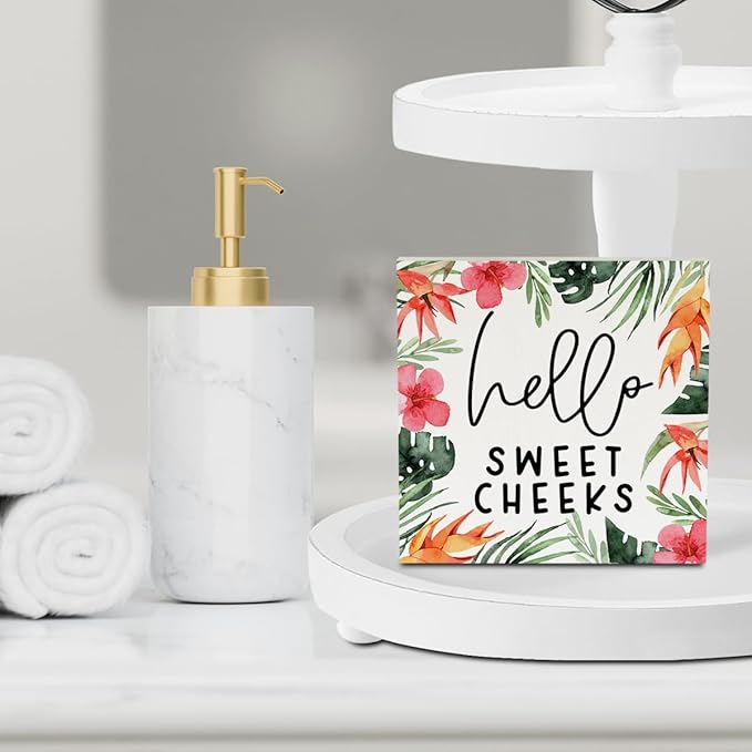 Hello Sweet Cheeks Bathroom Decor Summer Bathroom Decor Flower Summer Decorations Wooden Box Sign for Home Office Farmhouse Table Shelf