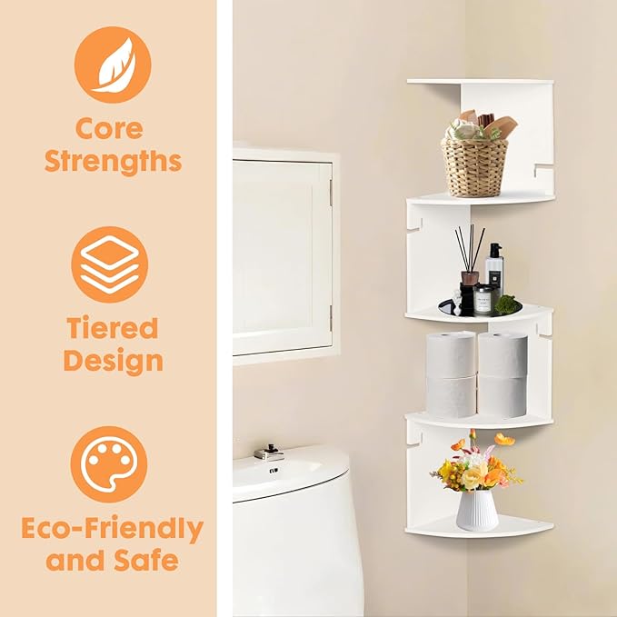 ShellKingdom Corner Shelf Wall Mount, 5 Tier Corner Bookshelf, Floating Display Shelves for Home, Living Room, Bedroom, Office, Bathroom, Small Spaces Decorations, 7.87 X 7.87 X 33.46 INCHES (White)