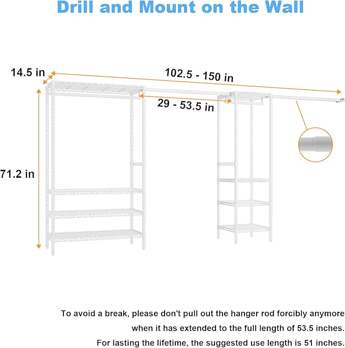 Ulif E11 Heavy-Duty Garment Rack, Metal Freestanding Clothes Rack and Closet Storage Organizer with 8 Shelves and 4 Hanger Rods, (73.2-97.6)" W x 14.5" D x 71.2" H, Load 1034 LBS, White