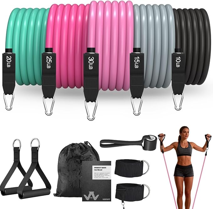 WHATAFIT Resistance Bands Set with Handles - Exercise Bands Home Gym Strength Training Equipment, Includes Door Anchor & Ankle Straps for Full Body Workout Bands, Physical Therapy - for Men and Women