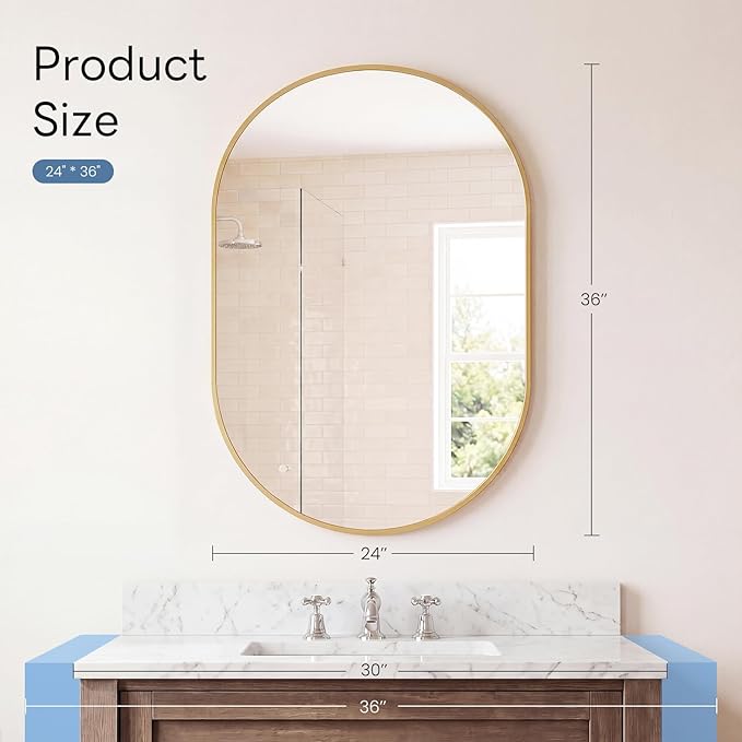 Sweetcrispy 24" x 36" Gold Bathroom Mirror for Wall, Oval Wall Mirrors with Metal Frame, Tempered Glass, Modern Vanity Mirror for Over Sink, Living Room, Bedroom, Entryway, Horizontal or Vertical