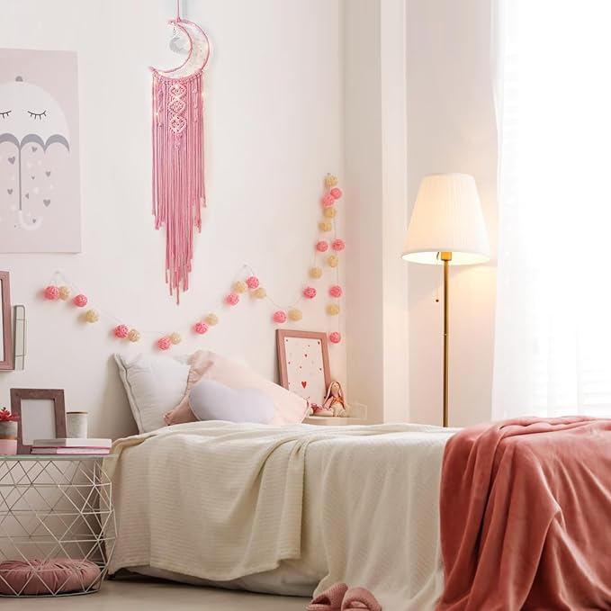 ANORYE Boho Macrame Woven Wall Hanging for Girl, Crochet Crescent Moon Star Dream Catcher with Light, Pink Cotton Handmade Bohemian Home Decor Decoration for Kids Nursery Bedroom Dorm Room