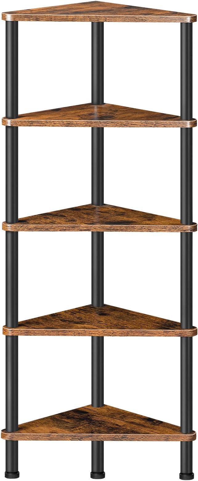 HOOBRO Corner Shelf Stand, Industrial 5-Tier Corner Bookshelf with Metal Frame, Plant Display Shelf, Small Bookcase for Small Spaces, Bedroom, Living Room, Rustic Brown BF33CJ01