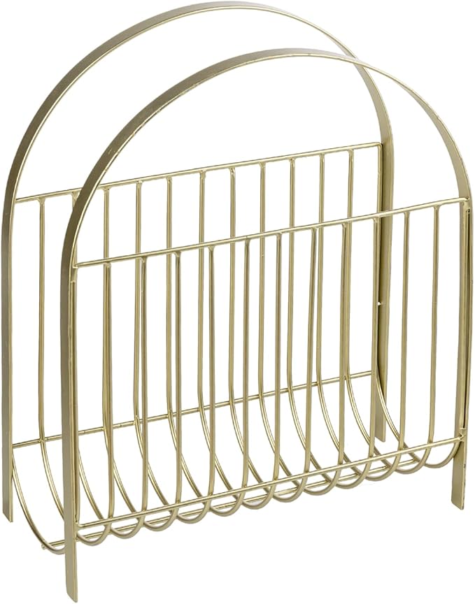 MyGift Deluxe Mid Century Brass Tone Metal Wire Magazine Holder Rack, Table or Floor Display Newspaper Stand Storage Sling for Magazines and Vinyl Record Albums