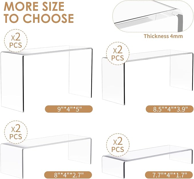 Anglelife 8 Pieces 2 Set (7”L~8”L~9”L) Large Display Risers, 4" Wide Clear Rectangular Stand Shelf for Showcase Collectibles, Acrylic Cake Shelves for Retail Desktop Jewelry Funko Pop Figures