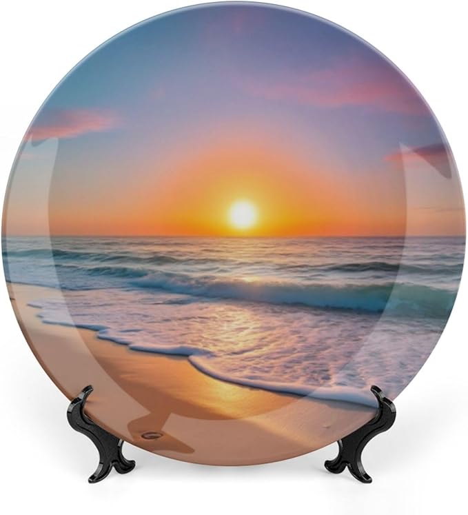 Sunrise Theme Decorative Ceramic Plate Round Porcelain Plate,8 inch,Beach Pattern,for Decorative Ornaments Giving Plates,1 Plate with 1 Display Stand,Orange Yellow