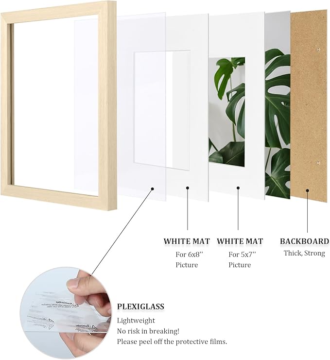 Egofine A4 Picture Frames Set of 4, Made of Solid Wood Covered by Plexiglass 5x7 and 6x8 with Mat or A4 without Mat, for Table Top Display and Wall Mounting Photo Frame Oak Wood