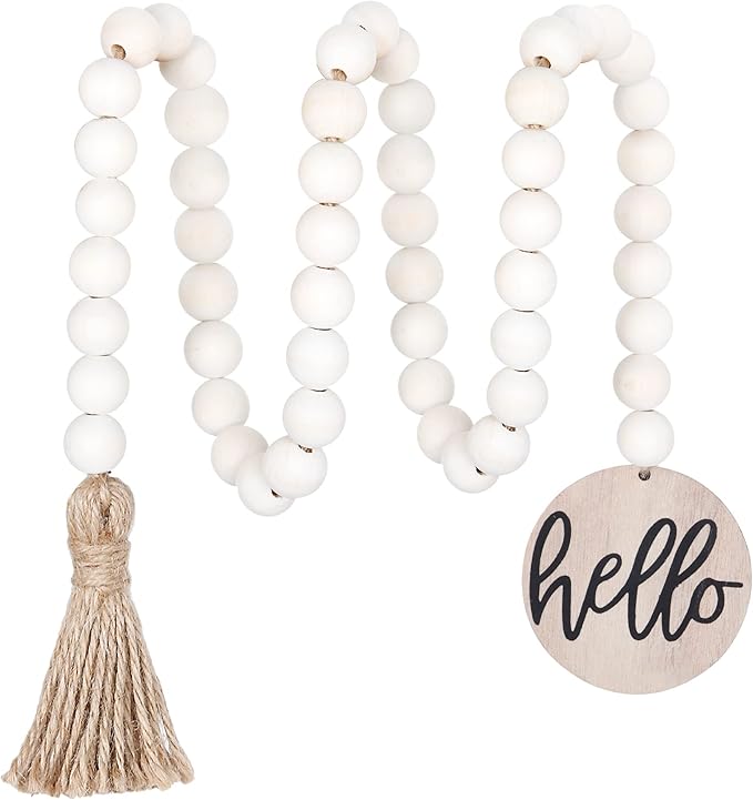 Meplait Hello Wooden Bead Garland with Tassel, Decorative Beads Home Decor Farmhouse Tassel Garland Boho Decor for Tiered Tray（38in）