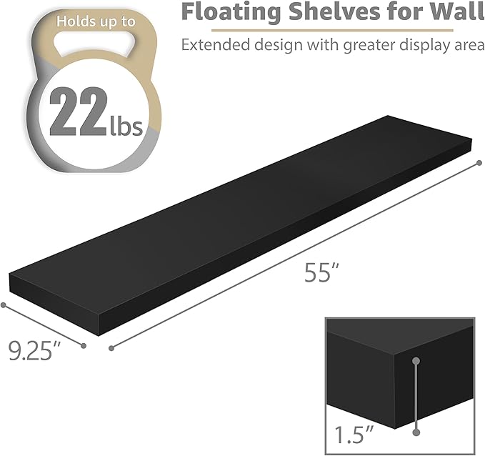 Sorbus Floating Shelves for Wall - 55 Inch Extra-Long Bathroom Shelves, Wall Decor for Bedroom, Kitchen, Living Room, Book Storage - Mounted Floating Shelf with Hidden Brackets (Black, 2 Pack)