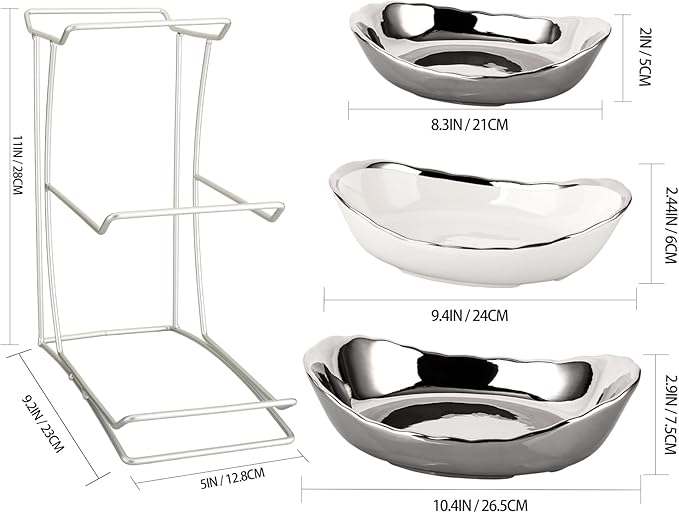 jessie 3 Tier Ceramic Fruit Bowls for Kitchen Counter with Metal Rack, Fruit Basket with Stand, Porcelain Bowls for Fruit Vegetable Bread Candy Snack Nuts (Silver and White Bowl-Silver Rack 3 Layer)