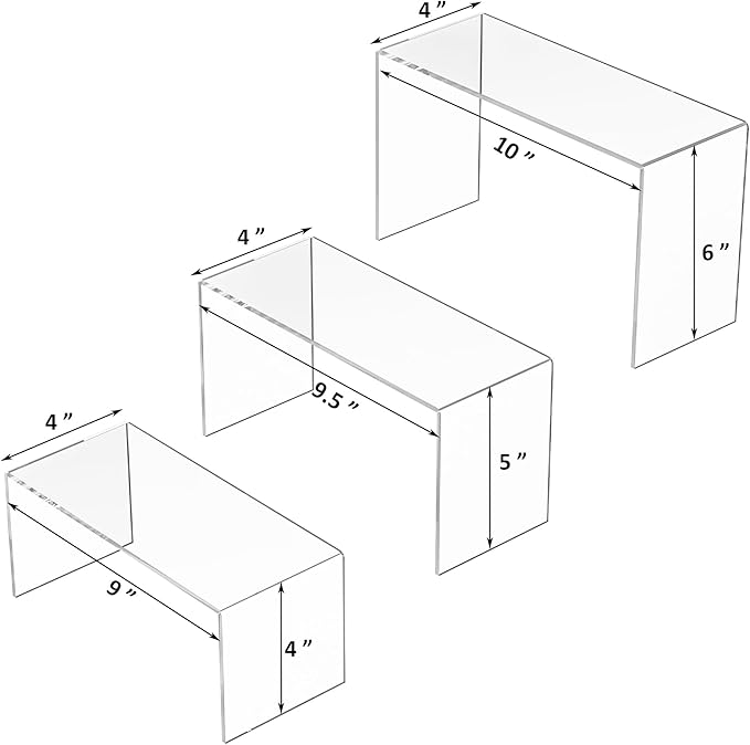 Sezanrpt 9x9.5x10 Inch Clear Display Risers Shelf 3pcs, Countertop Rectangular Acrylic Display Stands for Funko Pop Figure, Bags, Collectibles