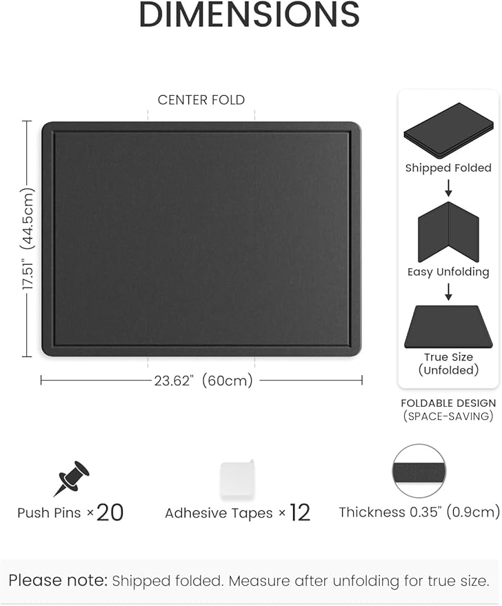 Fluxynara Bulletin Board, 23.6" x 17.5" Cork Board Alternative with 12 Safe Removable Adhesive Tabs, Foldable Felt Pin Board for Home Office, Classroom, Bedroom,Entryway for Walls—Black