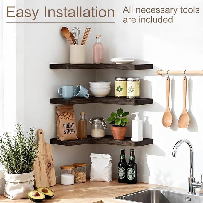 Floating Corner Shelves Set of 3, Solid Wood Picture Wall Shelf, Floating Shelves for Storage for Bedroom Kitchen Bathroom Living Room (Burnt)