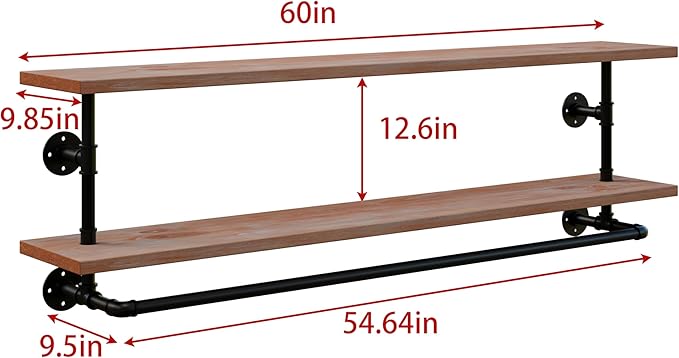 Clothes Rack 60in, 2-Tier Wall Mounted Garment Rack with Real Wood Shelf, Heavy Duty Hanging Clothes Rack, Multi-Purpose Hanging Rod, Space-Saving Closet Storage