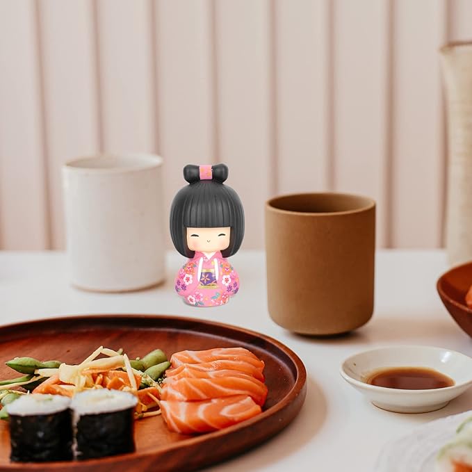 Japanese Kokeshi Doll Girl in Kimono Collectible Figurines Traditional Crafts Oriental Geisha Statue for Office Bar Home Party Table Decoration Pink