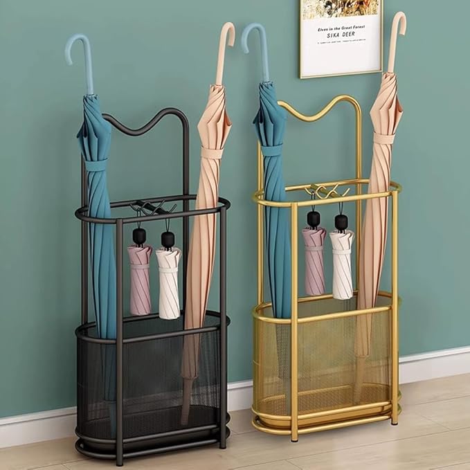 Metal Umbrella Holder Stand,Metal Umbrella Stand for Entryway, Stand Cane Holder with Drip Tray, Umbrella Rack Storage Bin Freestanding,Black