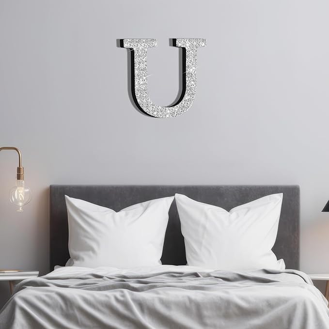 Qunclay 12'' Silver Crystal Diamond Bling Letters Crushed Diamond Decoration Wooden Glitter Letter with Screw and Hooks Rhinestone Gift for Wedding Y2k Mcbling Bedroom Wall Decor (Letter U)