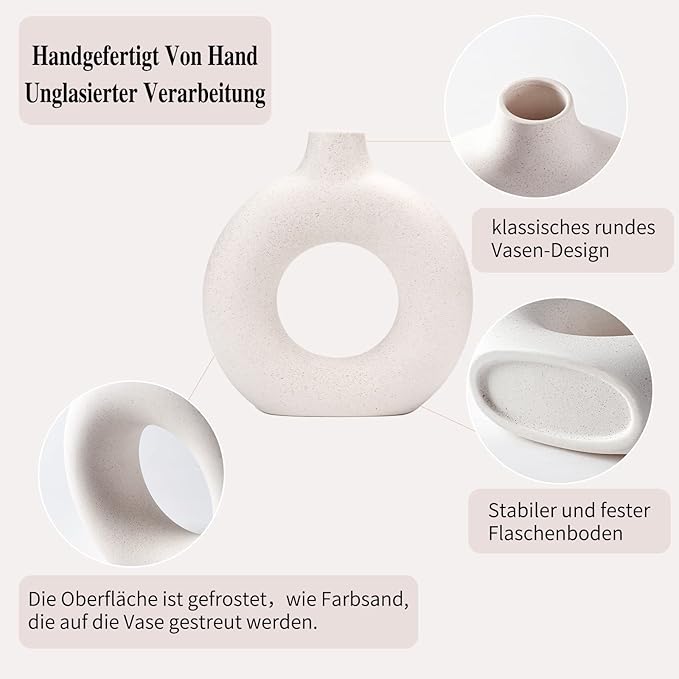 CEMABT White Donut Vase Hollow Ceramic Vase for Flowers Handmade Minimalist Boho ins Style Modern Home Decor for Wedding Dinner Table Party Living Room Office Bedroom（L，White）