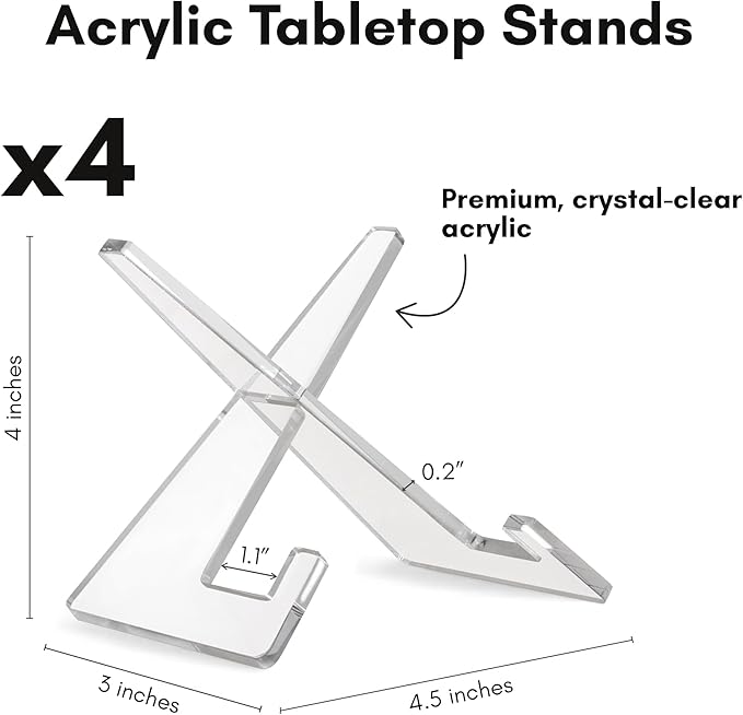 Americanflat Acrylic Easel Stand - 4" Tabletop Easel and Plate Stand - Set of 4 - Lightweight Display Holders for Photos, Cards, Frames, Books, Magazines, Albums - Home or Office Decor