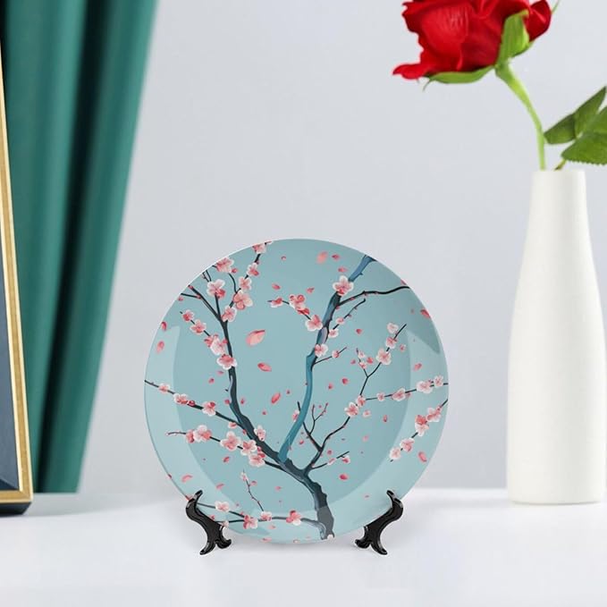 Japanese Spring Theme Decorative Ceramic Plate Round Porcelain Plate,Sakura Tree Branches Pattern,for Decorative Ornaments Giving Plates, 1 Plate with 1 Display Stand,Blue Pink,7 inch